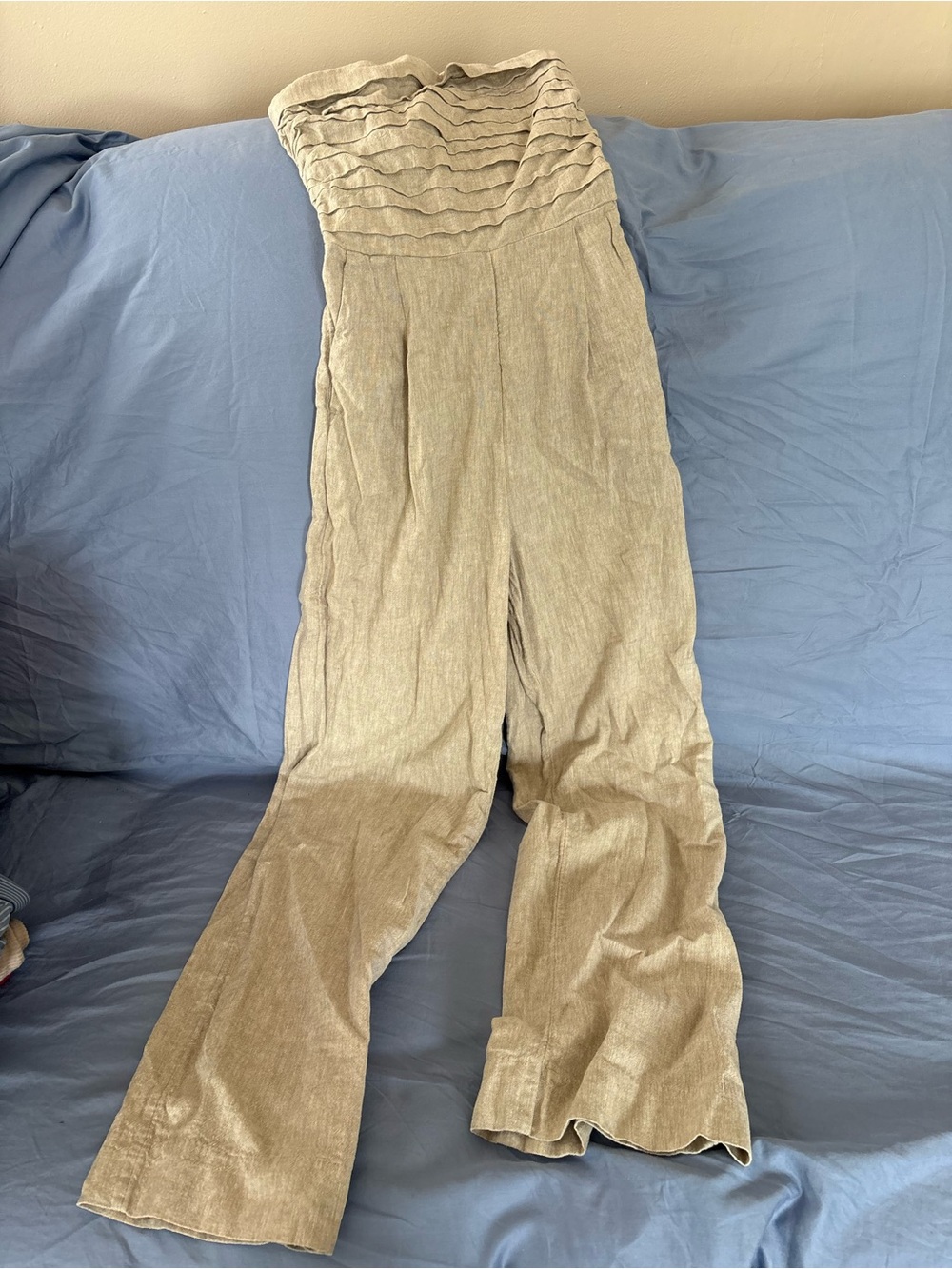 Abercrombie & Fitch Strapless Wide-Leg Jumpsuit in Light Taupe